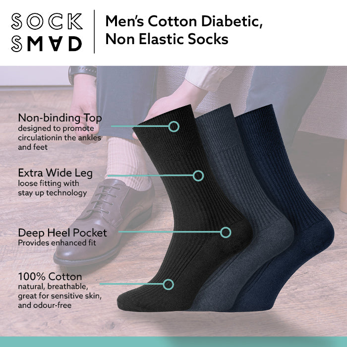 Men's 100% Cotton Socks Non Elastic Diabetic Friendly Socks - Black Navy Grey - 12 Pairs