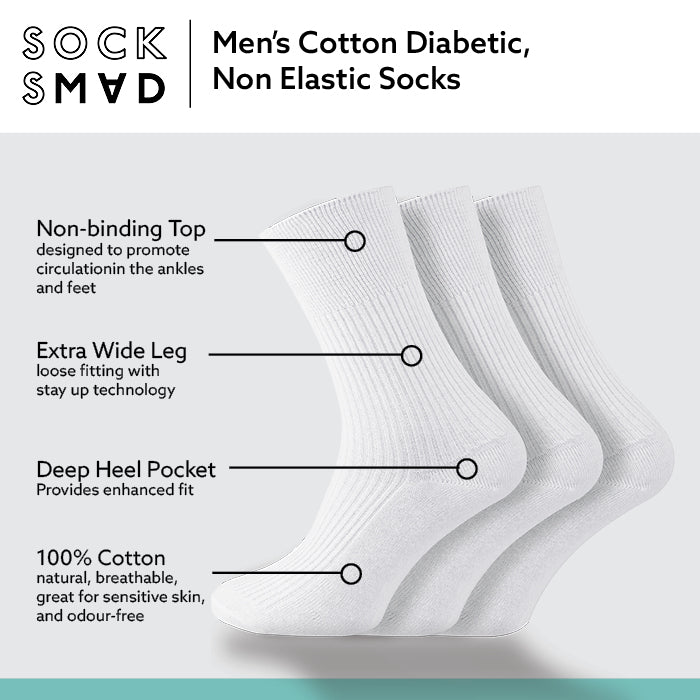 Men's 100% Cotton Socks Non Elastic Diabetic Friendly Socks - White - 12 Pairs