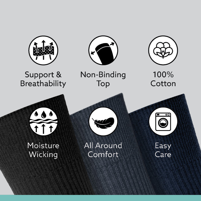 Men's 100% Cotton Socks Non Elastic Diabetic Friendly Socks - Black Navy Grey - 12 Pairs