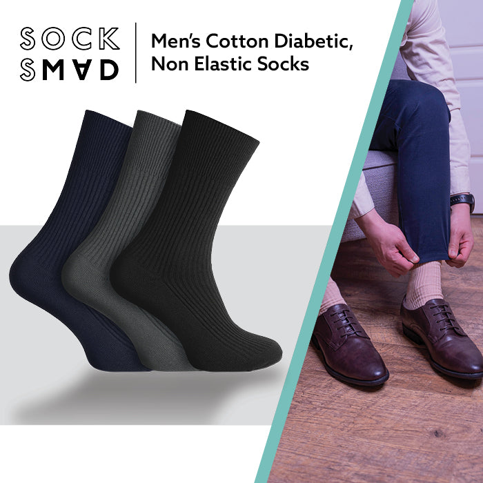 Men's 100% Cotton Socks Non Elastic Diabetic Friendly Socks - Black Navy Grey - 12 Pairs