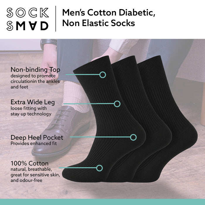 Men's 100% Cotton Socks Non Elastic Assorted Colours Smooth Toe Seam UK 6-11