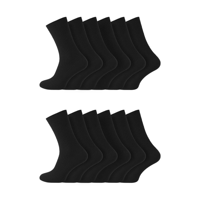 Men's 100% Cotton Socks Non Elastic Diabetic Friendly Socks - Black - 12 Pairs