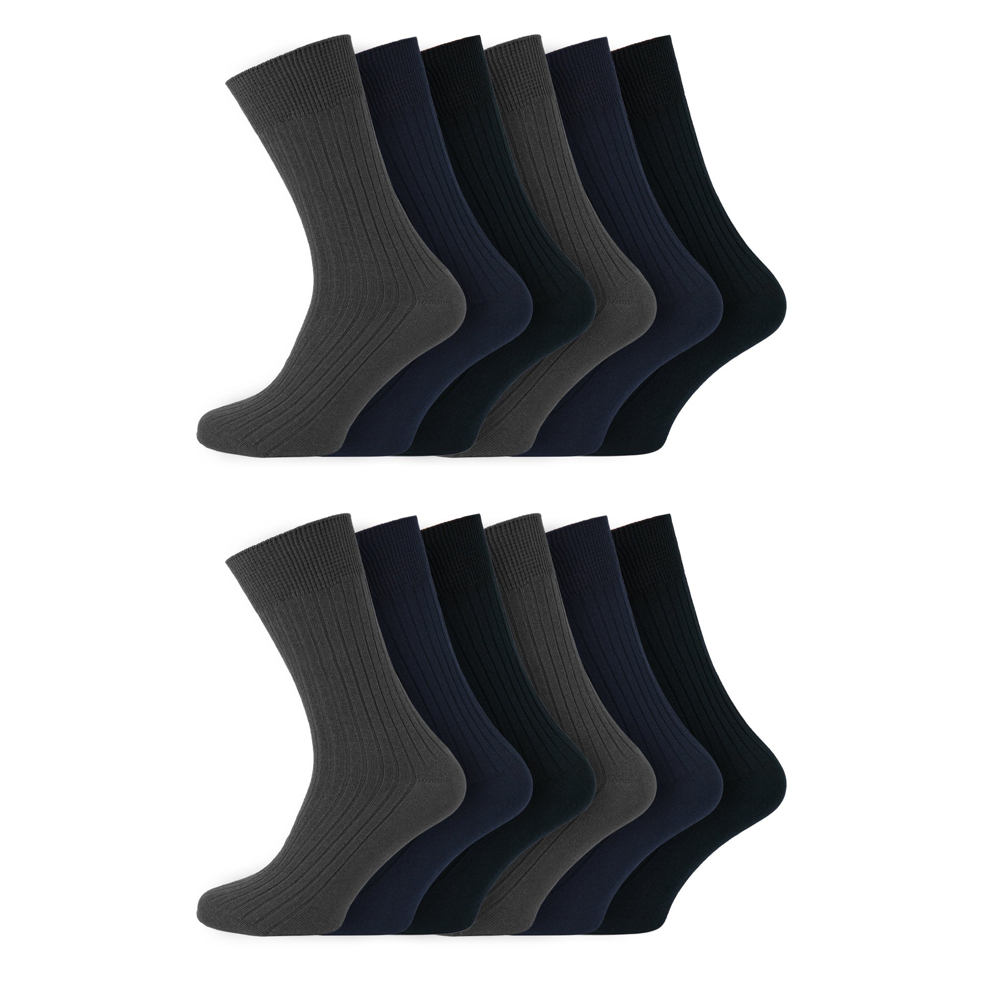 Men's 100% Cotton Socks Non Elastic Diabetic Friendly Socks - Black Navy Grey - 12 Pairs