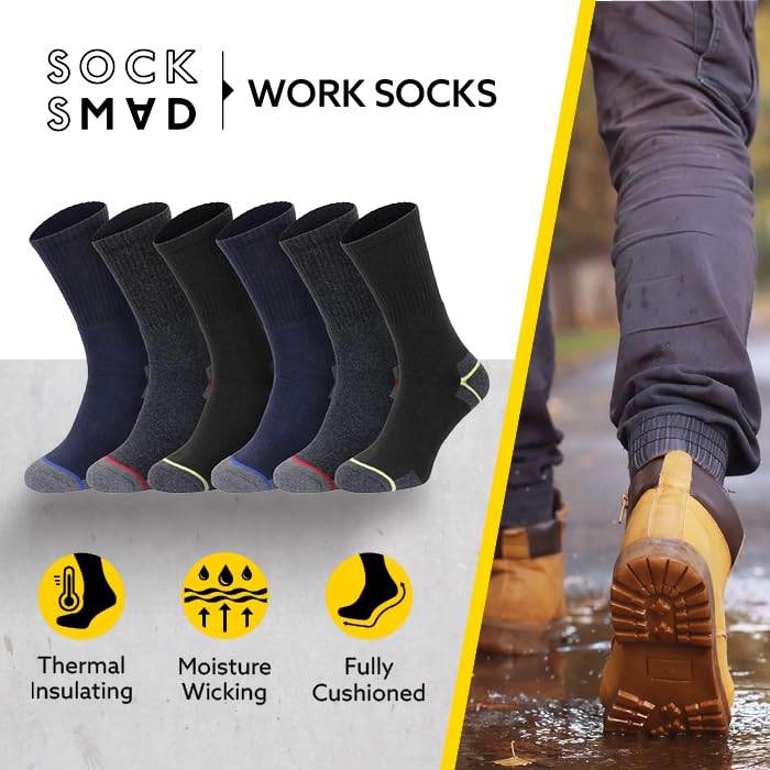 Socksmad 12 Pack Mens Work Socks - Thick Boot Socks for Men, Cushioned