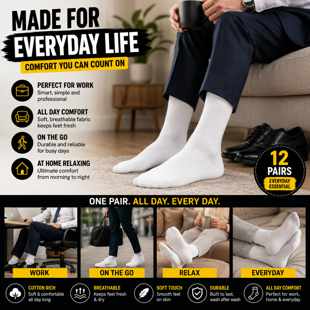 Men's 12 Pair Plain White Socks – Cotton Rich UK 6-11