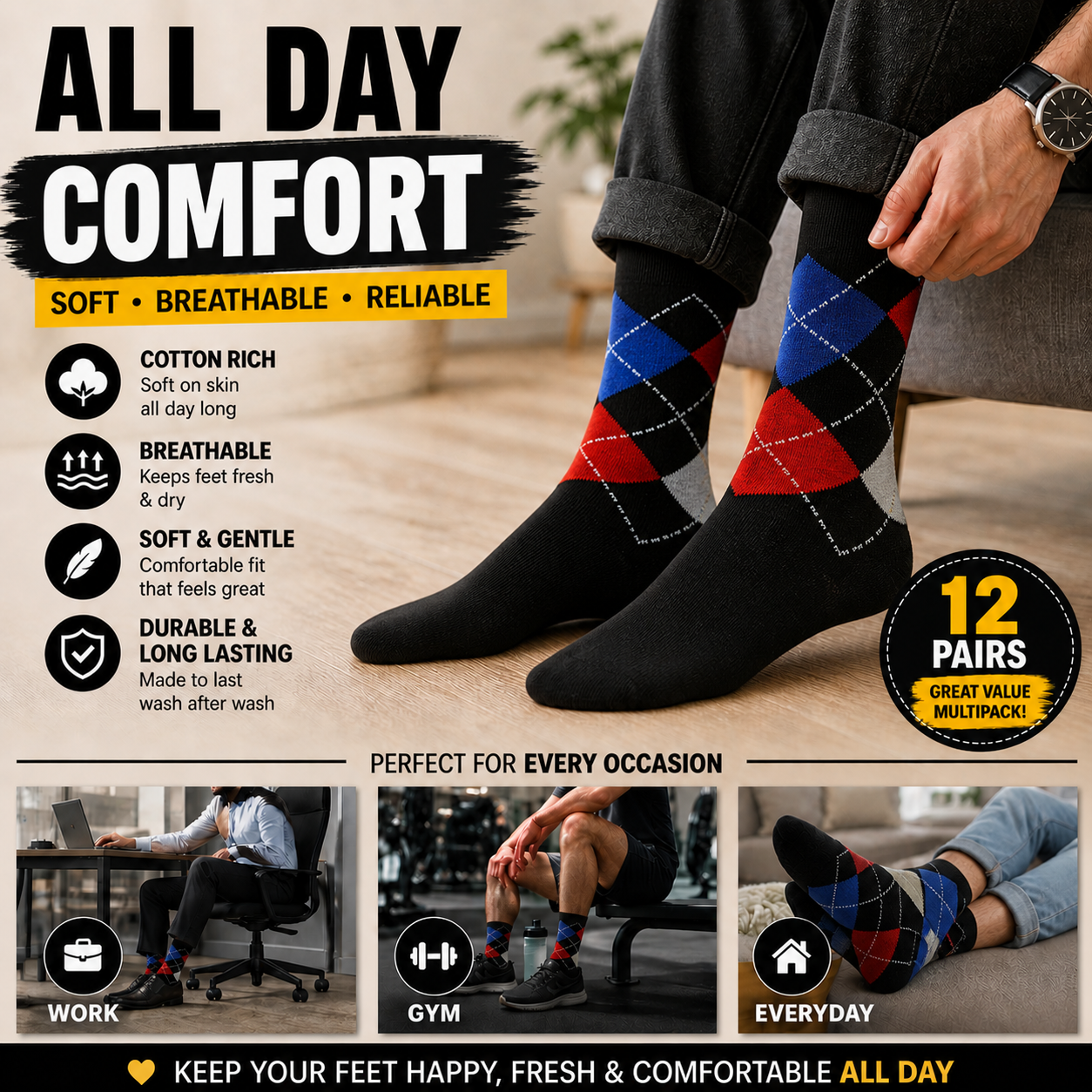 Men's 12 Pair Black Argyle Socks – Cotton Rich UK 6-11