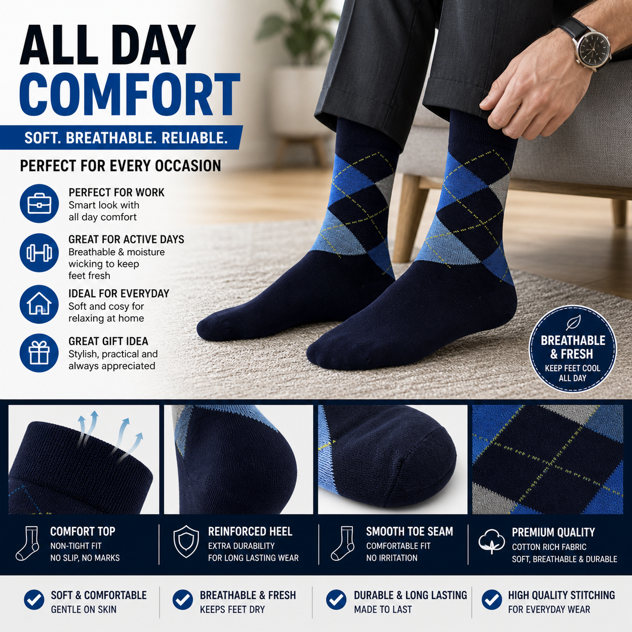Men's 12 Pair Black Navy Grey Argyle Socks – Cotton Rich UK 6-11