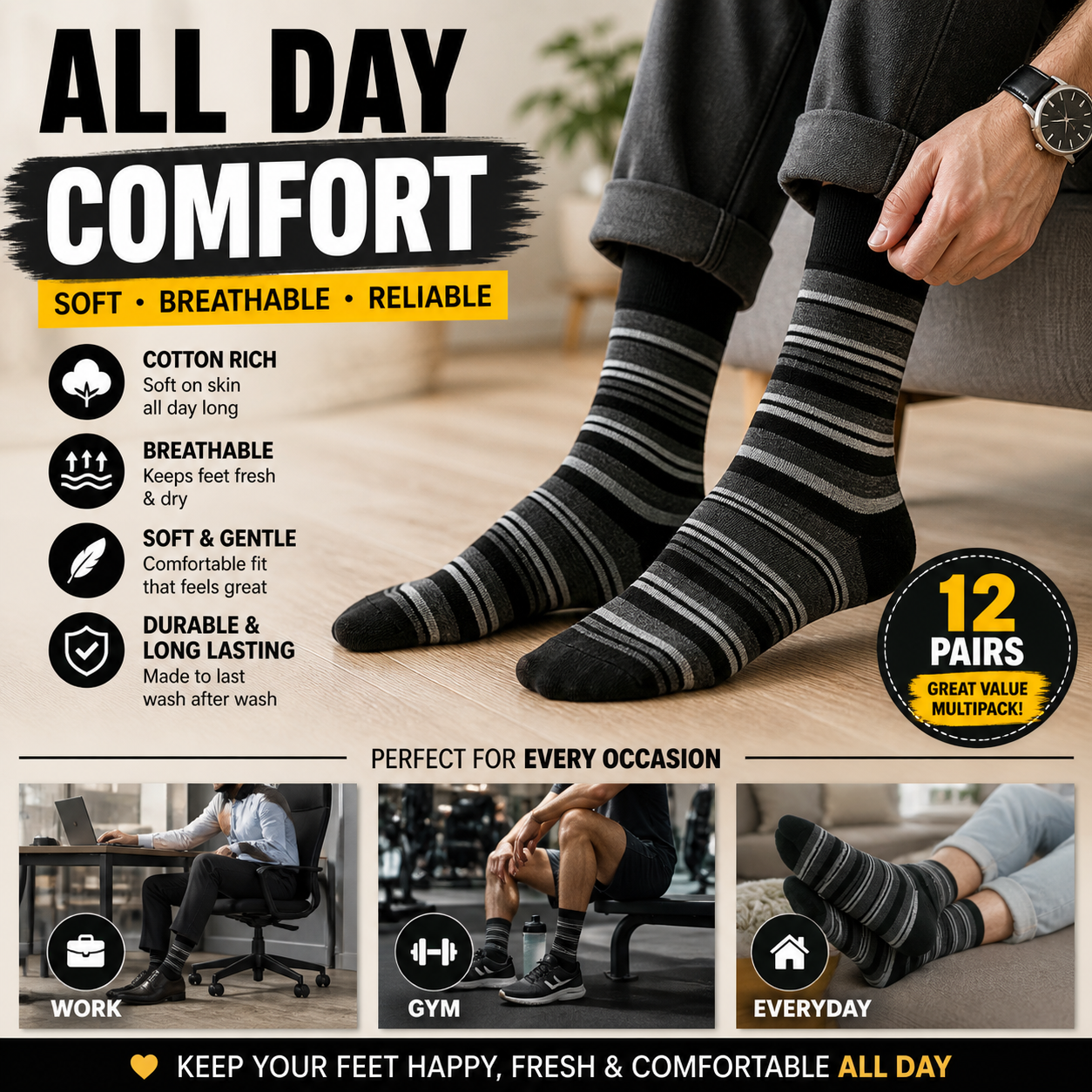 Men's 12 Pair Grey Stripe Socks – Cotton Rich UK 6-11