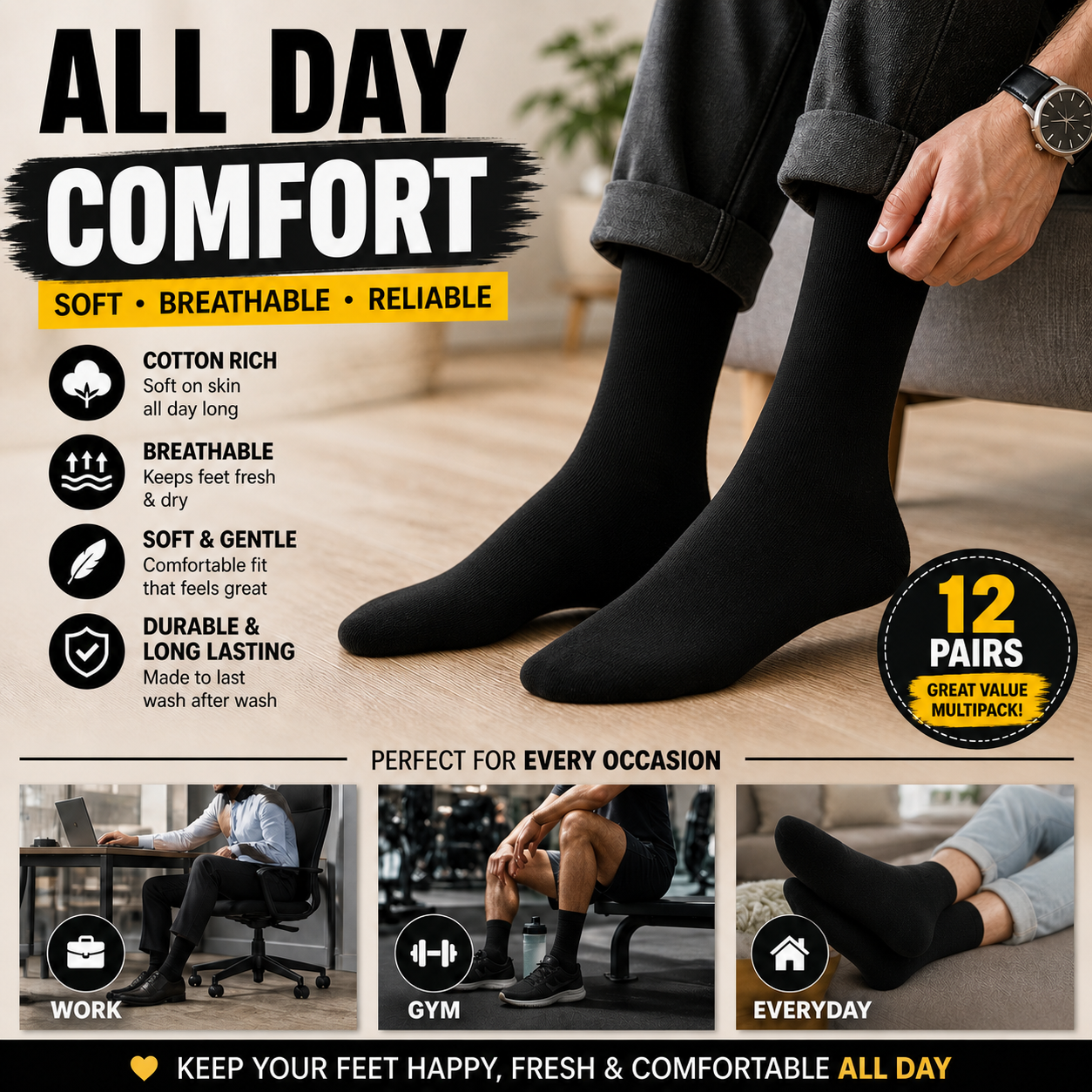 Men's 12 Pair Plain Black Socks – Cotton Rich UK 6-11