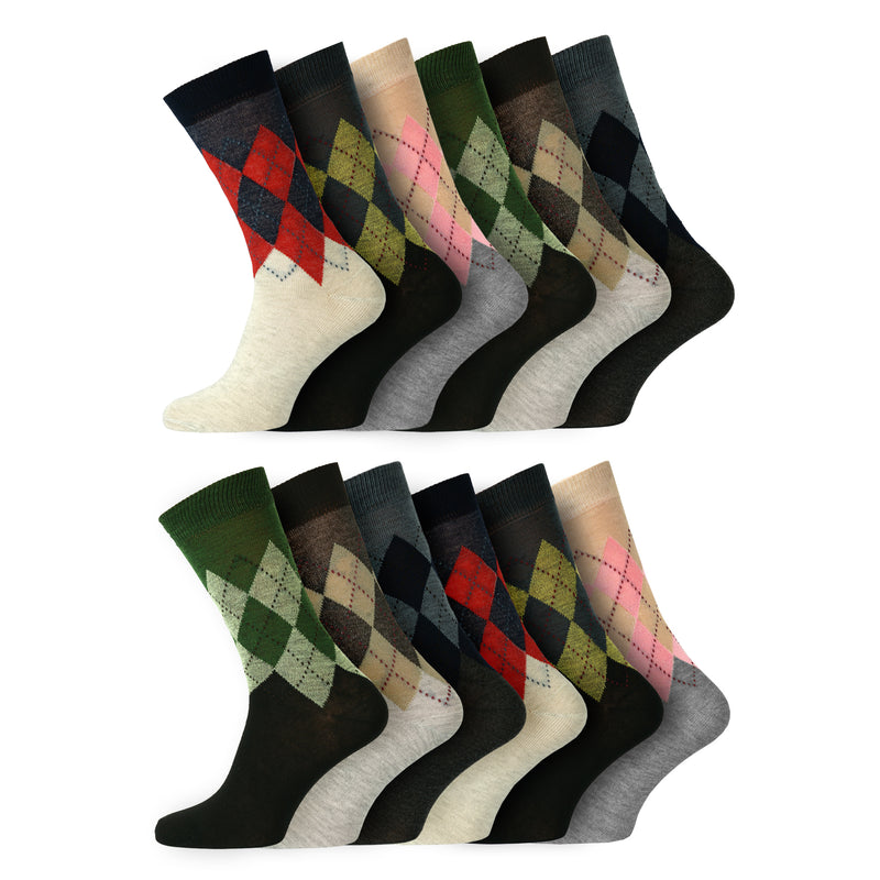 12 Pairs Mens Everyday Design Socks Tone Argyle