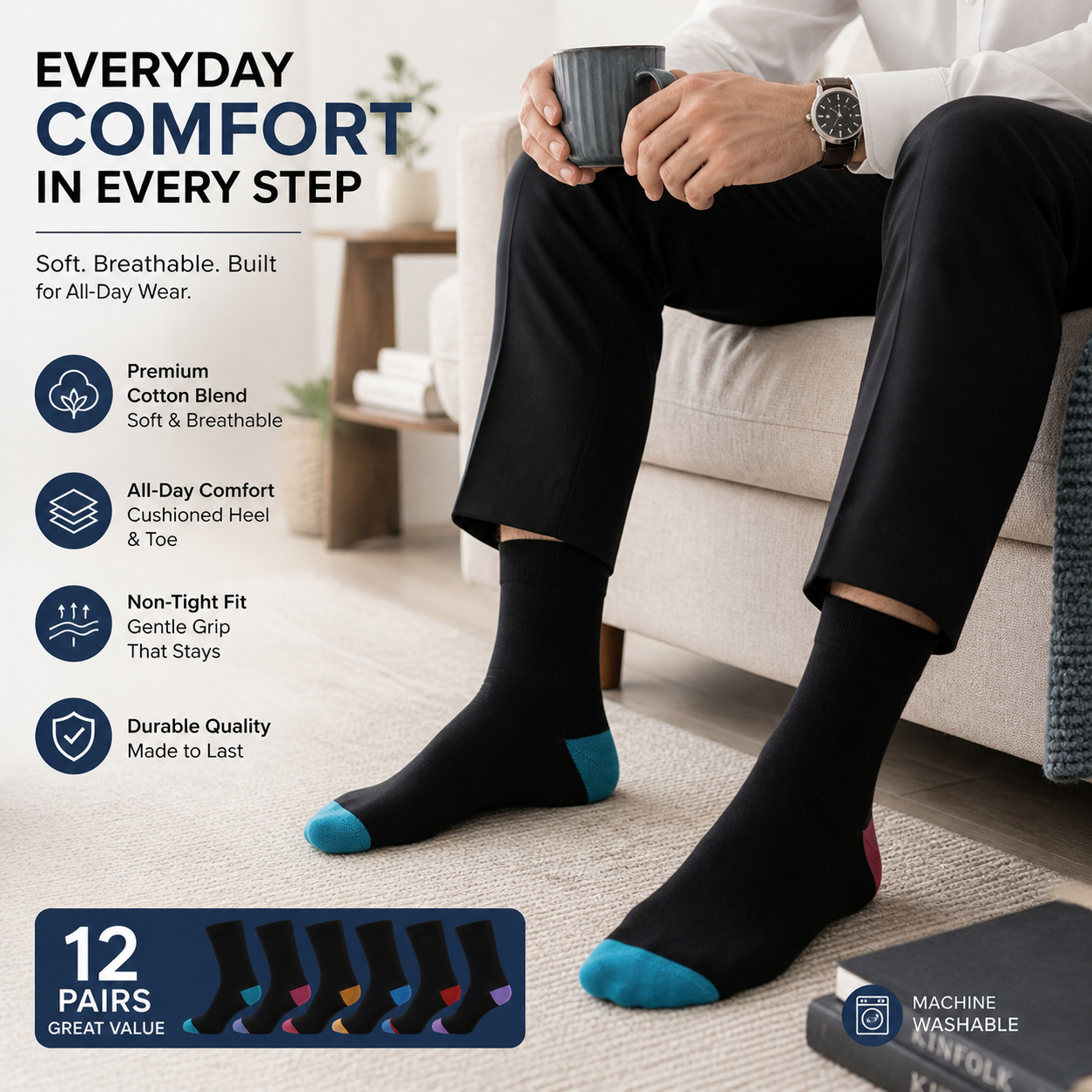 Men's 12 Pair Coloured Heel & Toe Socks – Cotton Rich UK 6-11