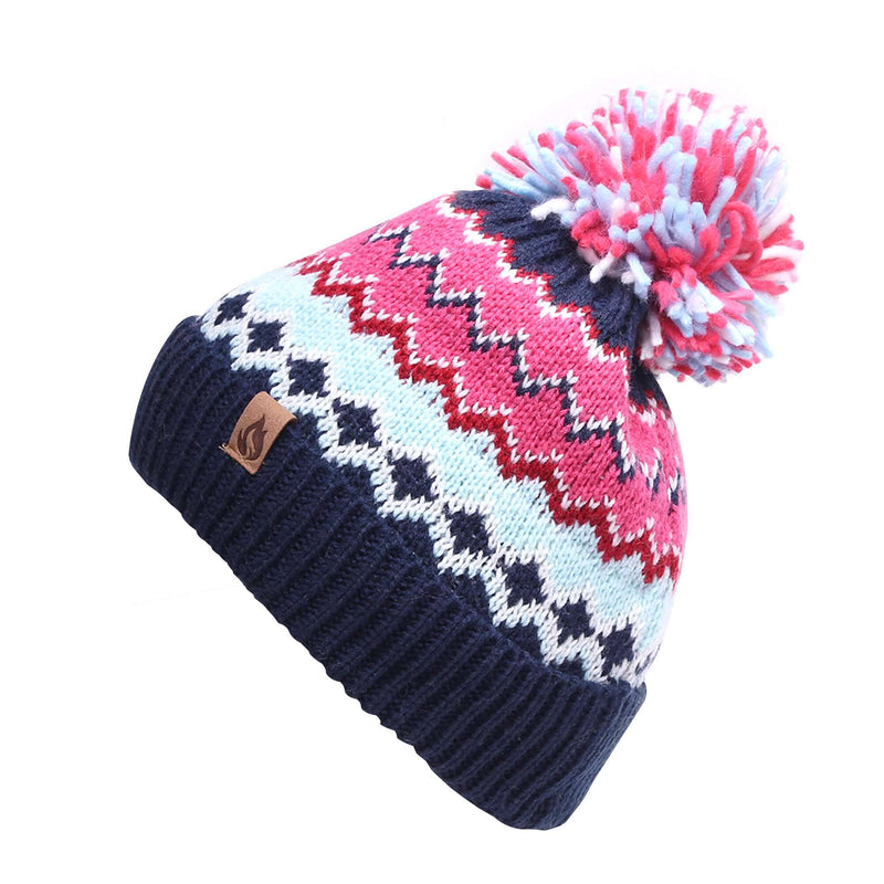 Girl's Nordic Stripe Bobble Hat - Navy - Pink