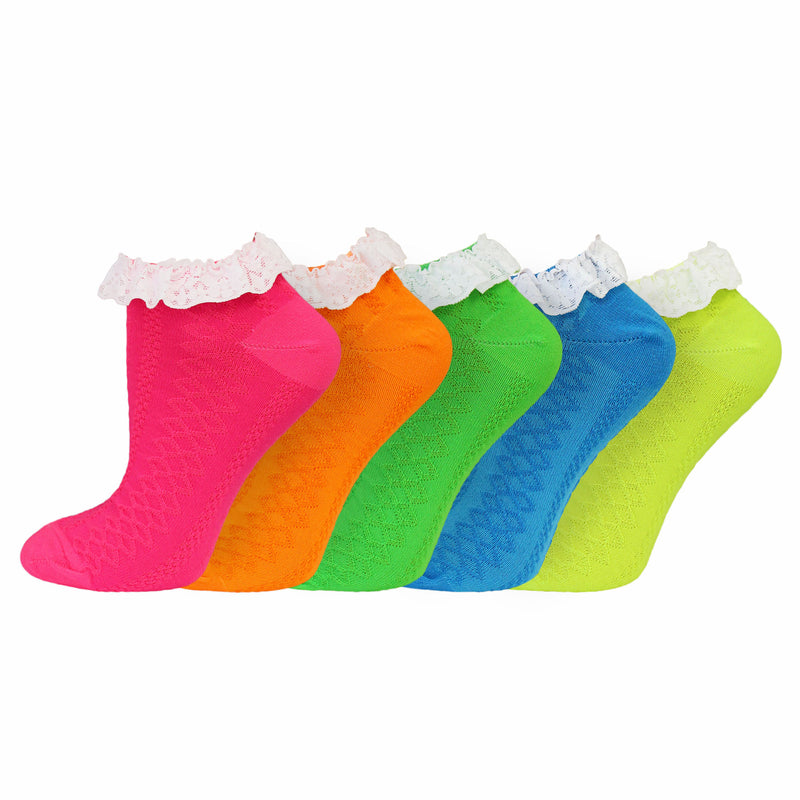 Ladies Lace Trim Trainer Socks - Neon