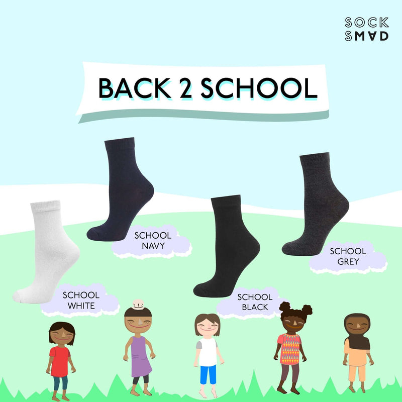 Back to School Socks - 12 Pairs - Black /Navy/White/Grey - Cotton Rich