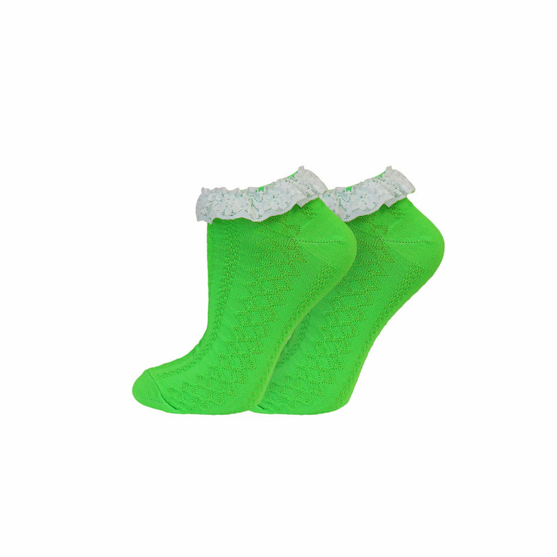 Ladies Lace Trim Trainer Socks - Neon