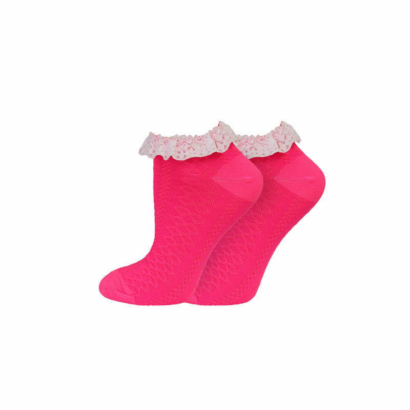 Ladies Lace Trim Trainer Socks - Neon