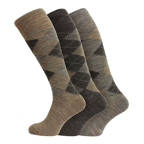 Mens Lambswool Long Knee High Argyle Socks - 3 Pairs