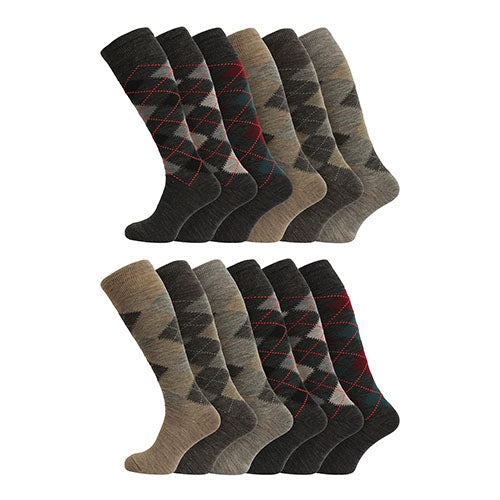 Mens Lambswool Long Knee High Argyle Socks - 3 Pairs