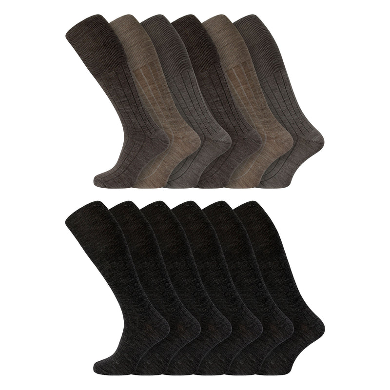 Mens Traditional Lambswool Long Hose Knee High Socks in Plain Colours Brown Black Charcoal