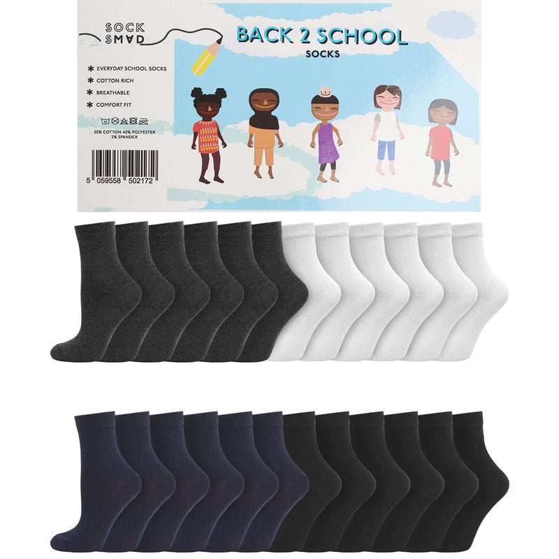 Back to School Socks - 12 Pairs - Black /Navy/White/Grey - Cotton Rich