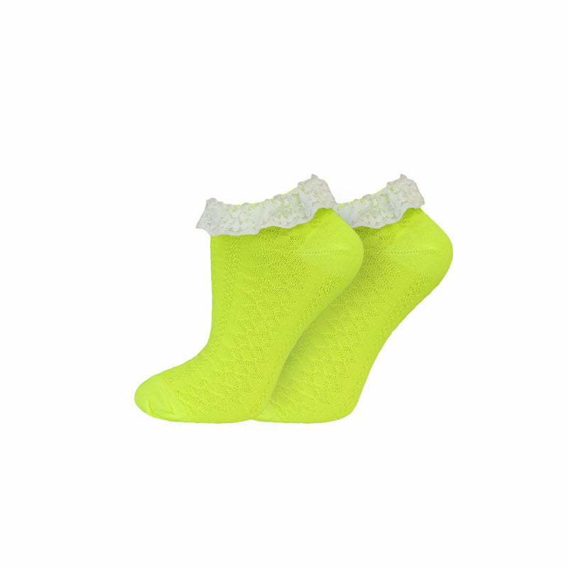 Ladies Lace Trim Trainer Socks - Neon